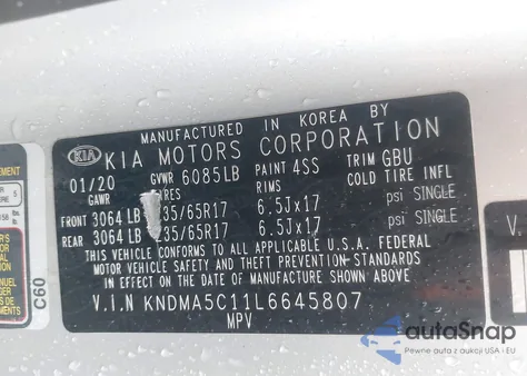 2020 Kia Sedona L from USA, damaged, VIN KNDMA5C11L6645807